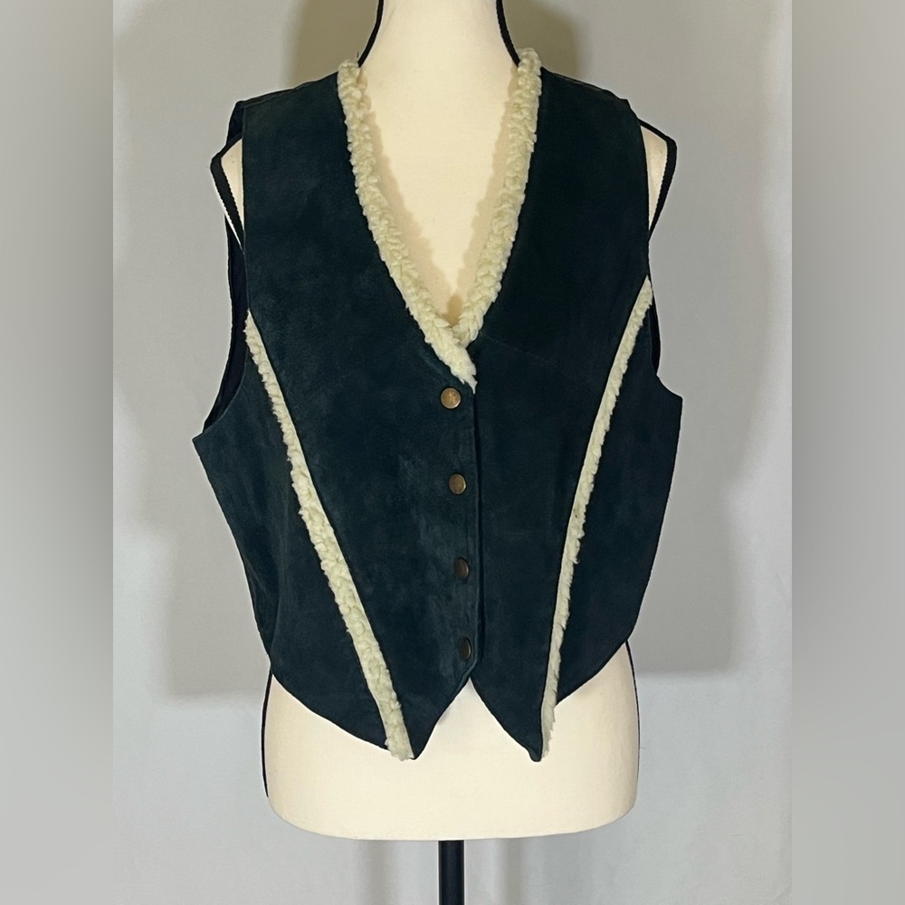 MIDWEST TRADERS Vtg Leather Vest With Sherpa Trim